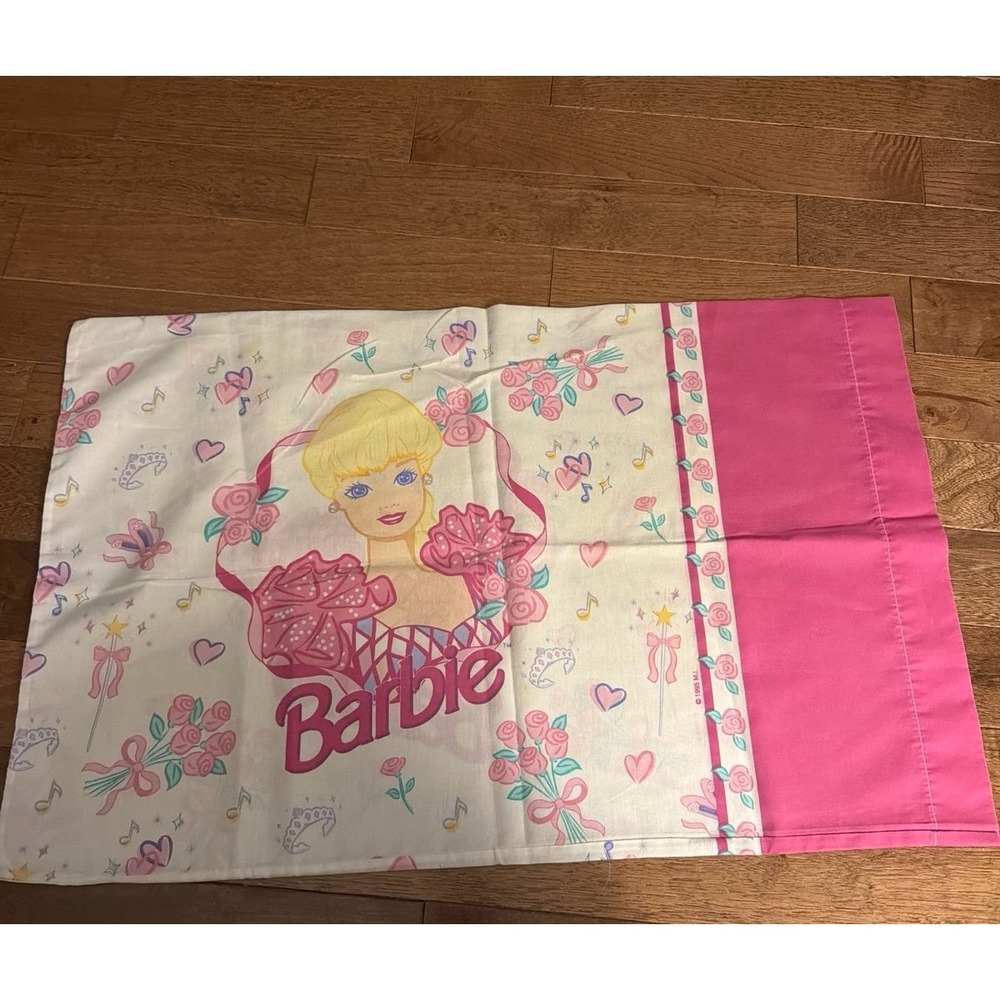 Vintage 1995 Barbie Pillow Case Standard Size Pink Purple Flowers Hearts
